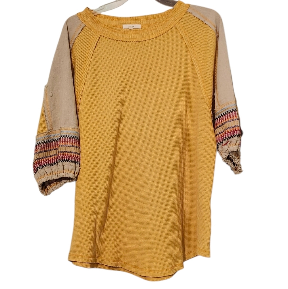Easel Yellow and Beige Raglan Sleeve Women's Top- M Lagenlook Oversized Frayed